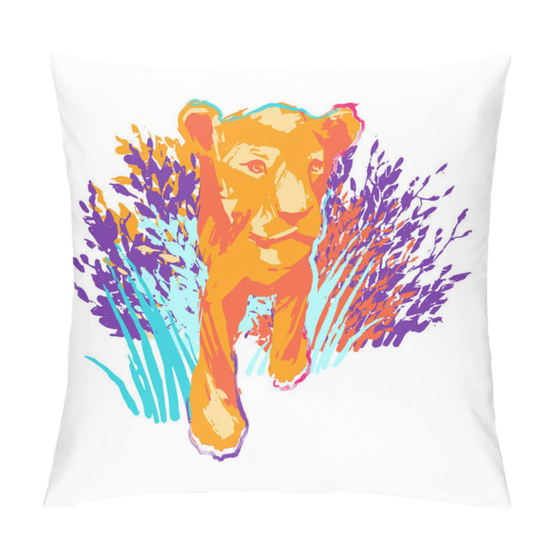 Personality  One Lion Cub Or Female Lion Walking Out Of The Bushes. Pillow Covers