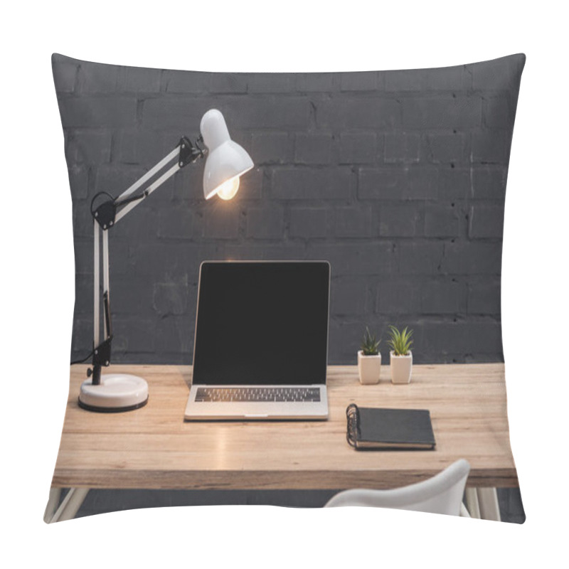 Personality  Modern Workplace With Laptop With Blank Screen, Plants, Bright Lamp And Notebook On Wooden Table Near Black Brick Wall Pillow Covers