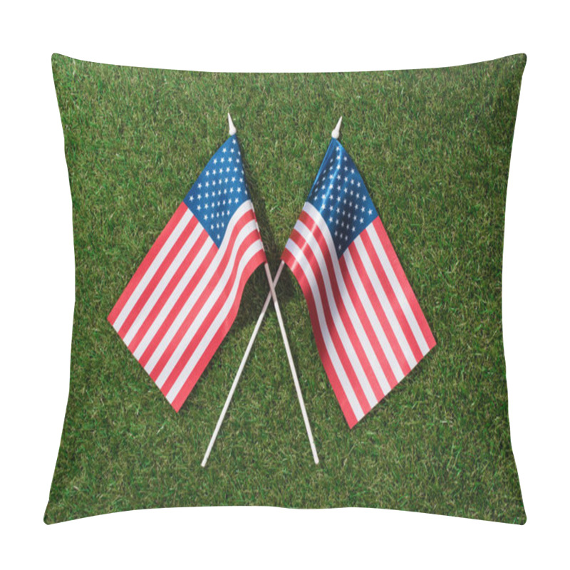 Personality  Top View Of Arranged American Flagpoles On Green Grass, 4th July Holiday Concept Pillow Covers