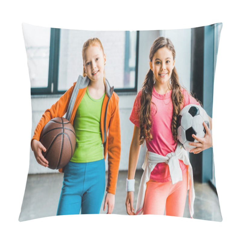 Personality  Smiling Children In Sportswear Holding Balls In Gym Pillow Covers