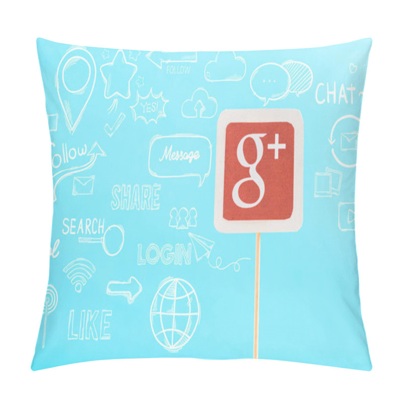 Personality  Card With Google Plus Logo And Social Media Illustration Isolated On Blue Pillow Covers