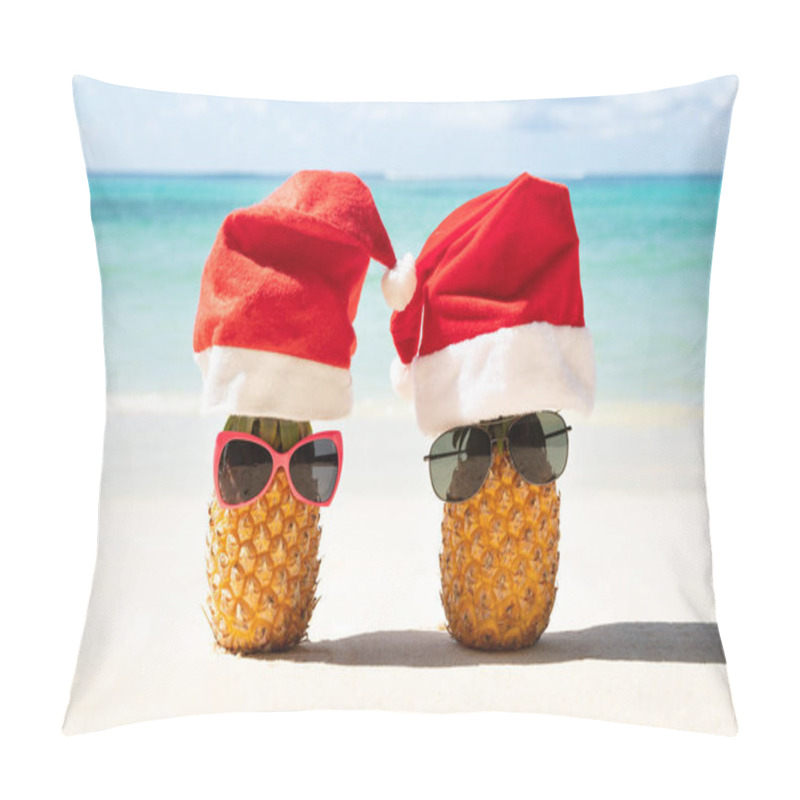 Personality  Close-up Of Santa Hats And Sunglasses Over The Two Pineapples On Sand At Beach Pillow Covers