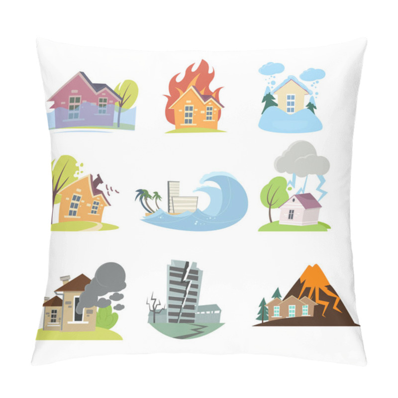 Personality  Set Of Natural Disasters With Isolated Outdoor Compositions Of Living Houses Pillow Covers