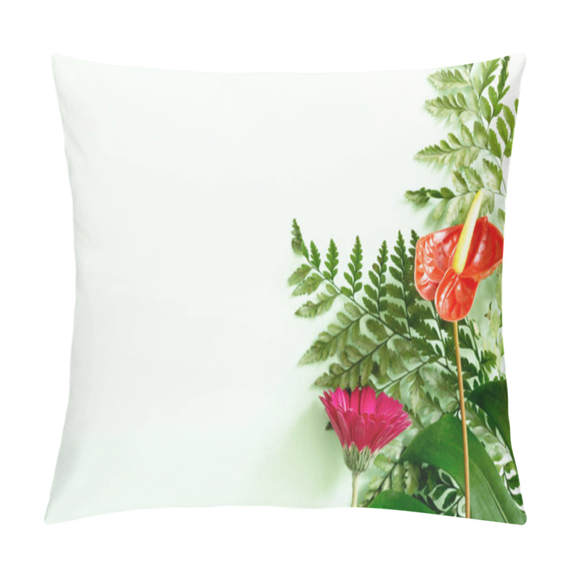 Personality  Red Anthurium Flowers, Fern And Monstera Leaves On Green Background. Summer Mockup Pillow Covers