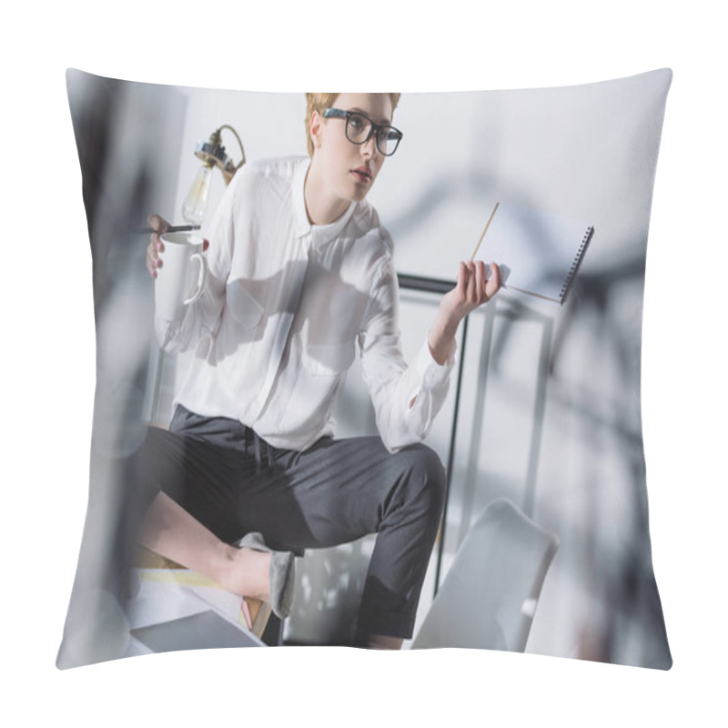 Personality  Stylish Fashion Designer With Cup Of Coffee Sitting On Desk Pillow Covers