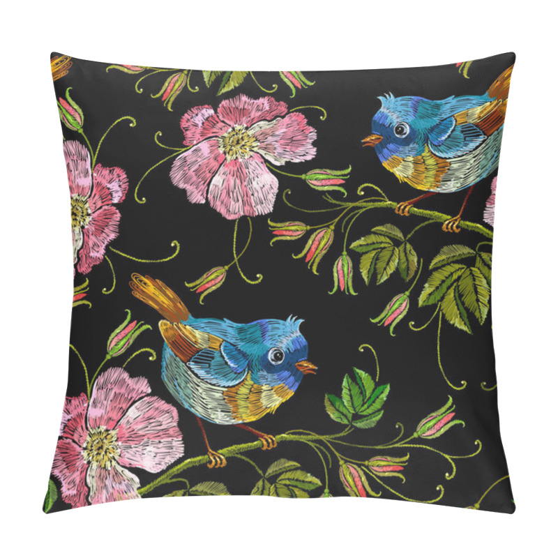 Personality  Embroidery Wild Roses And Tropical Birds Seamless Pattern. Template For Clothes, Textiles, T-shirt Design. Beautiful Birds And Flowers Of Dogrose Background Pillow Covers