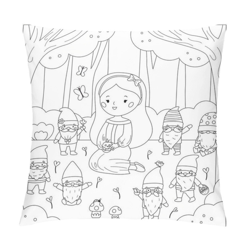 Personality  Coloring Page With Snow White And The Seven Dwarfs. Cute Cartoon Kawaii Characters. Classic Fairy Tale For Kids. Beauty Princess And Gnomes On Forest Background. Vector Illustration For Coloring Book. Pillow Covers