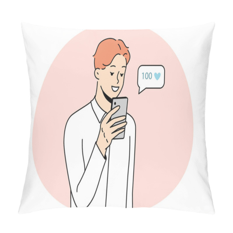 Personality  Smiling Young Man Using Cellphone Collect Likes On Social Media. Happy Male Look At Mobile Phone Screen Get Acknowledgment From Subscribers. Vector Illustration. Pillow Covers