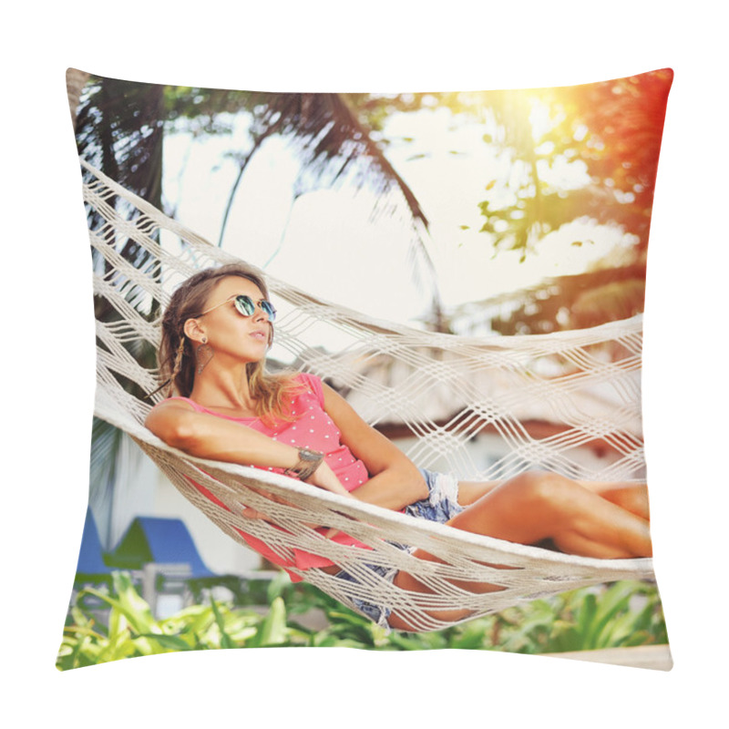 Personality  Woman Is Resting In The Hammock Under The Palms On The Tropical  Pillow Covers