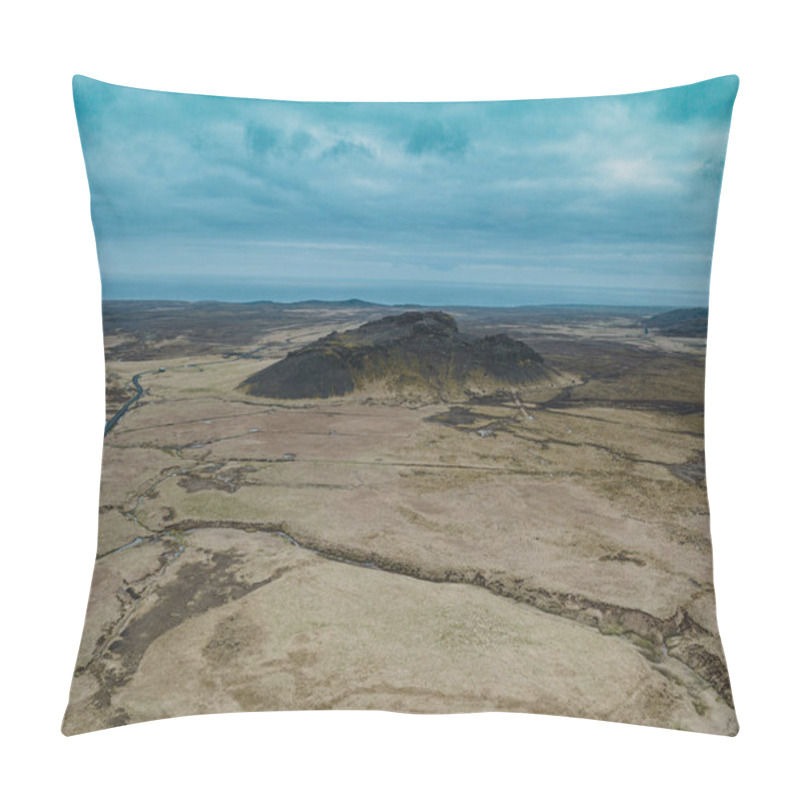 Personality  Aerial View Of The Expansive Volcanic Plains And Rugged Hills On Reykjanes Peninsula, Iceland, Under A Moody Blue Overcast Sky Pillow Covers