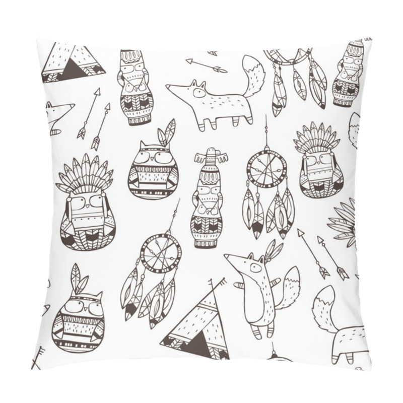 Personality  Set Of Vector Hand Drawn Indian Elements (funny Animals, Arrows, Dream-catchers, Totem) Pillow Covers