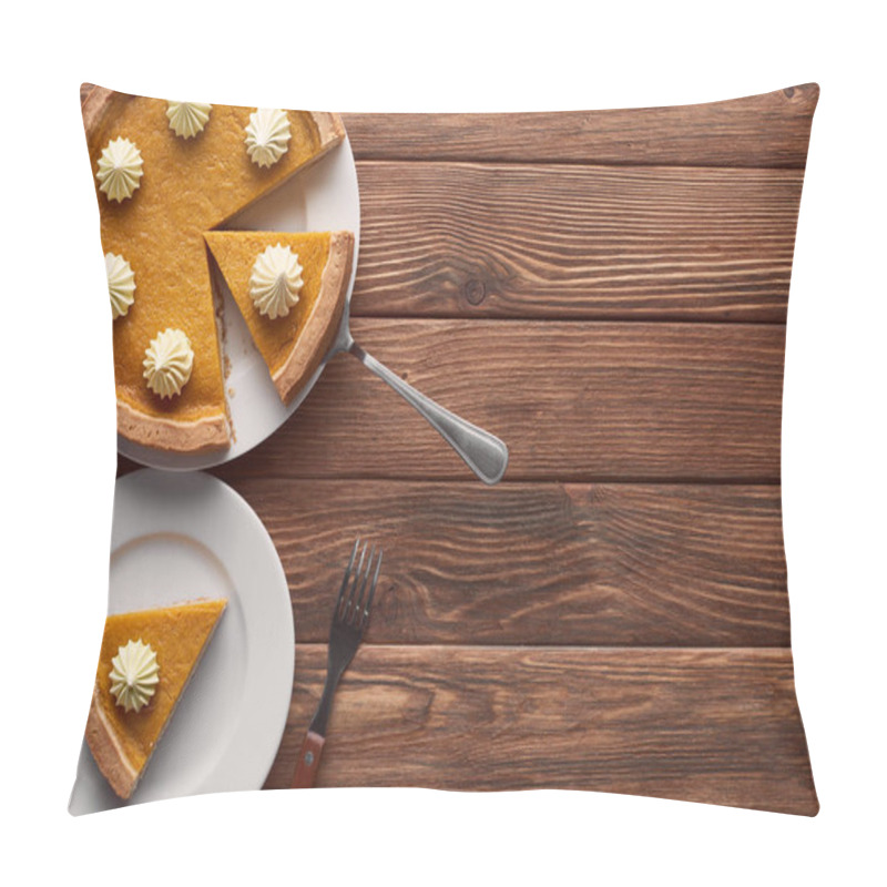 Personality  Tasty Pumpkin Pie With Whipped Cream Near Spatula And Fork On Brown Wooden Surface Pillow Covers