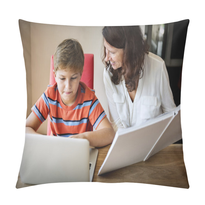 Personality  Mother And Son Using Digital Device Pillow Covers