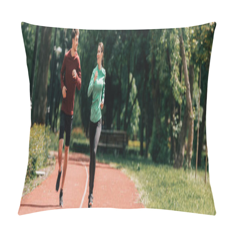 Personality  Panoramic Crop Of Couple Smiling At Each Other While Jogging In Park  Pillow Covers