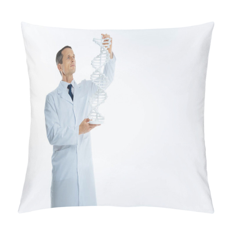 Personality  Mature Scientist Examining Monochrome Dna Model Pillow Covers