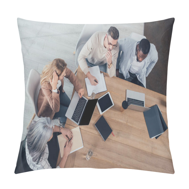 Personality  Overhead View Of Multicultural Colleagues Talking And Sitting At Table During Meeting  Pillow Covers