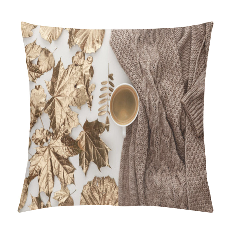 Personality  Top View Of Knitted Brown Sweater, Coffee And Golden Foliage On White Background Pillow Covers