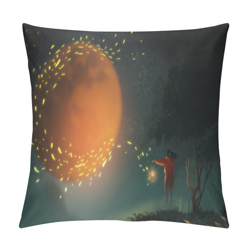 Personality  Digital Illustration Art Painting Style A Long Hair Beautiful Woman Holding Lamp And Standing On The Hill, The Big Red Moon And Strong Wind To The Lamp Have Many Fire Dust In Midnight Sky. Pillow Covers