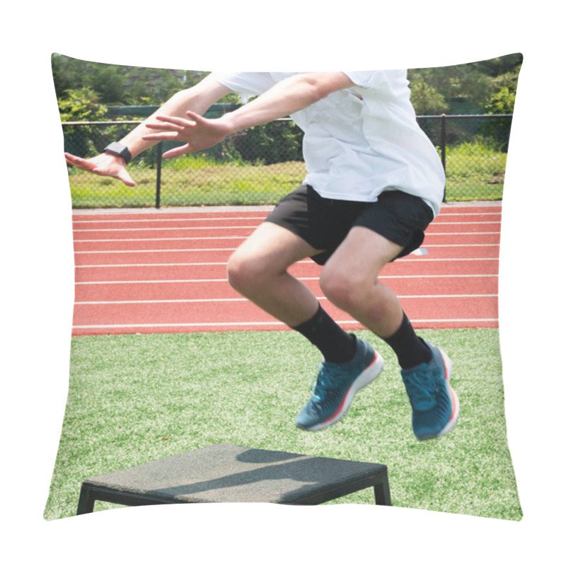 Personality  A Teenage Boy Jumping On To A Plyo Box During Sports Summer Camp On A Turf Field. Pillow Covers