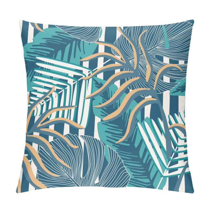 Personality  Tropical Pattern, Palm Leaves Seamless On Stripes Background. Pillow Covers