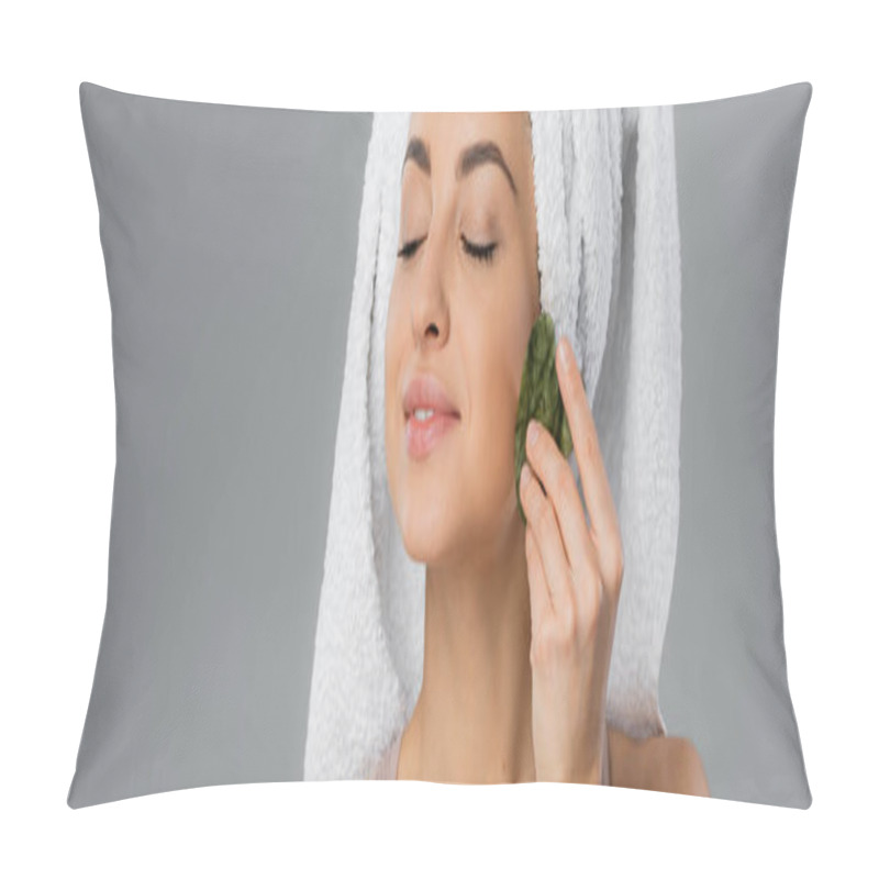 Personality  Pleased Young Woman With Towel On Head Using Gua Sha Isolated On Grey, Banner  Pillow Covers