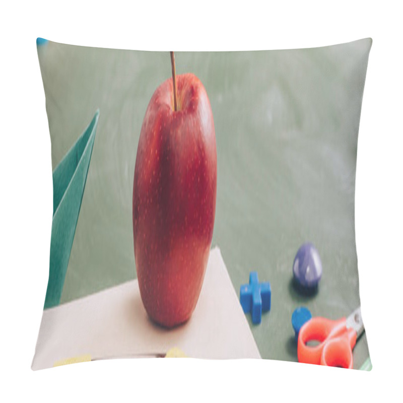 Personality  Selective Focus Of Delicious Apple On Book Near School Stationery On Green Chalkboard, Panoramic Concept Pillow Covers