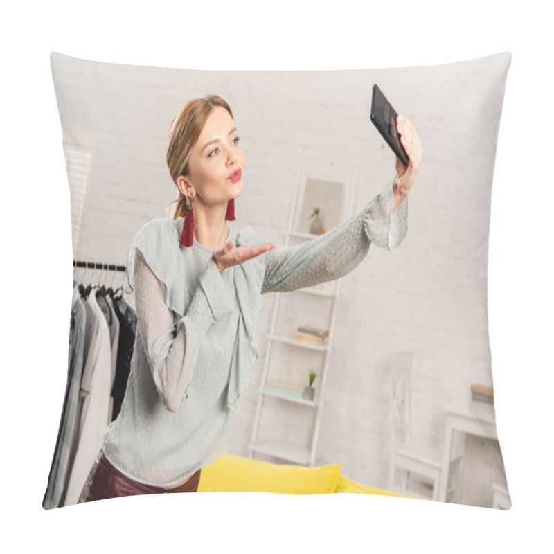 Personality  Pretty Girl In Earrings Sending Air Kiss While Taking Selfie At Home Pillow Covers