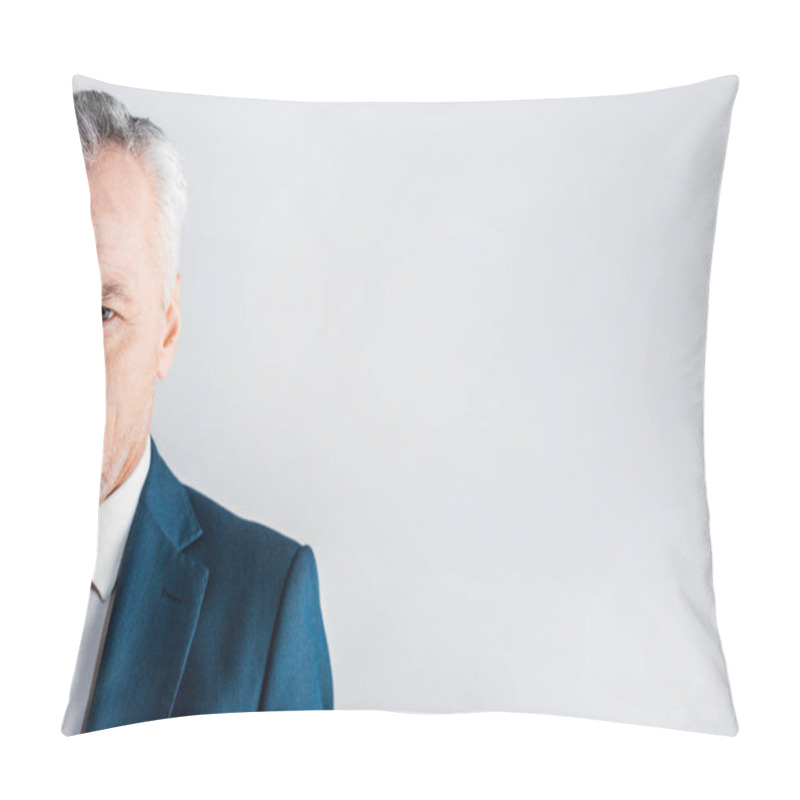 Personality  Cropped View Of Mature Businessman Looking At Camera Isolated On Grey Pillow Covers