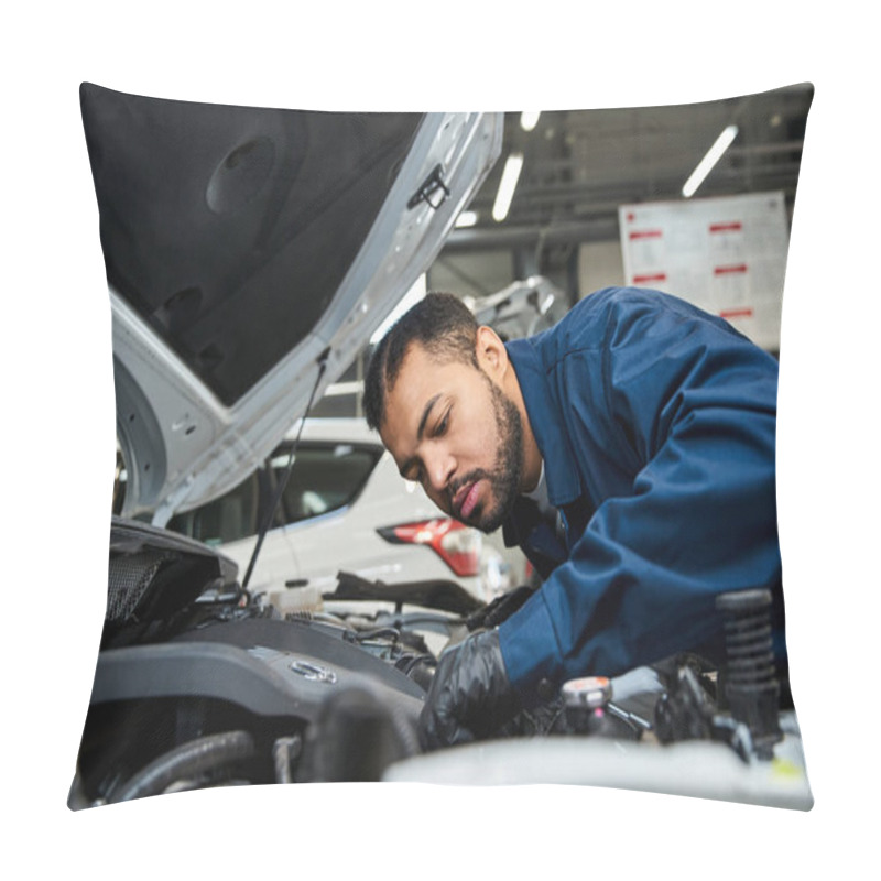 Personality  Handsome Mechanic Repairs A Car Engine While Focusing Intently In A Busy Workshop Space. Pillow Covers