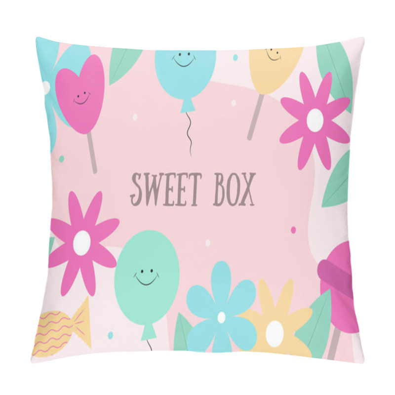 Personality  Colorful Sweets Box Cover, Bright Abstract Background With Sweets, Balloons, Flowers, Lollipops Pillow Covers