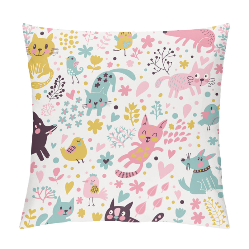 Personality  Bright Childish Seamless Pattern With Birds, Cats And Funny Dogs Pillow Covers