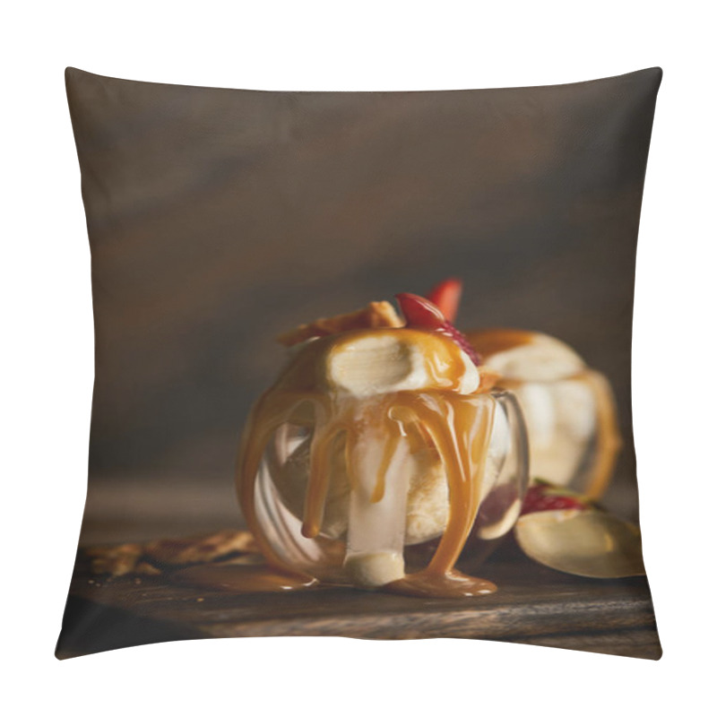 Personality  Delicious Ice Cream With Caramel In Glass On Wooden Chopping Board Pillow Covers