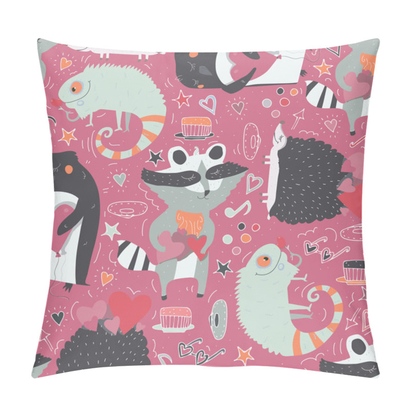 Personality  Seamless Vector Pattern With Cute Animals Such As Raccoon, Iguana And Hedgehog And Penguin With Hearts, Decorated With Doodle Stars, Hearts And Hand Drawn Decor. Cute Illustration On Vivid Pink Pillow Covers