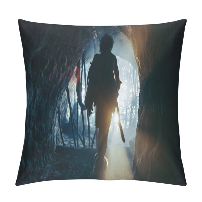 Personality  Primeval Caveman Wearing Animal Skin And Fur Holds Stone Tipped Spear Comes Out Of His Cave Into Prehistoric Forest Ready To Hunt. Neanderthal Going Hunting Into The Jungle. Shot With Cold Filter. Pillow Covers