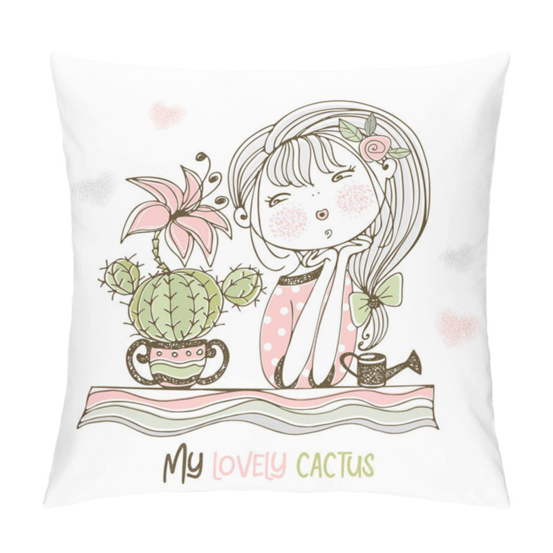 Personality  A Sweet Girl Admires A Blooming Cactus. Vector. Pillow Covers