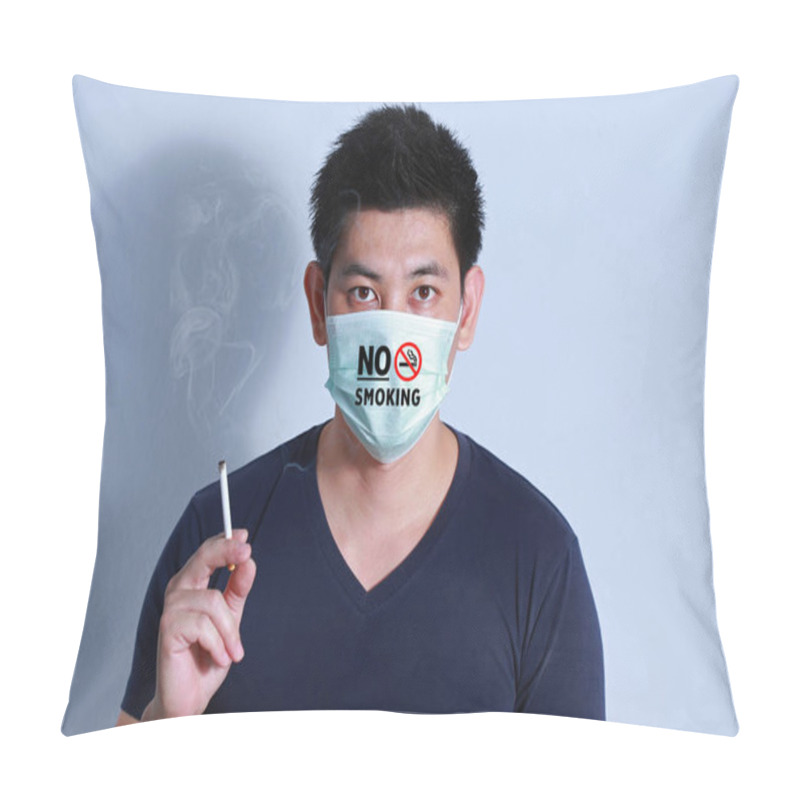 Personality  Stop Smoking Concept Young Man Smoking Cigarette With  Protective Mask Pillow Covers