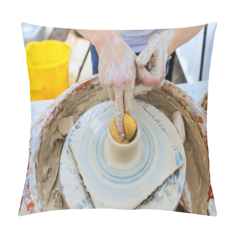 Personality  Potter Hands Mold Clay On Pottery Wheel In An Outdoor Workshop, Highlighting Creativity Under Works Pillow Covers