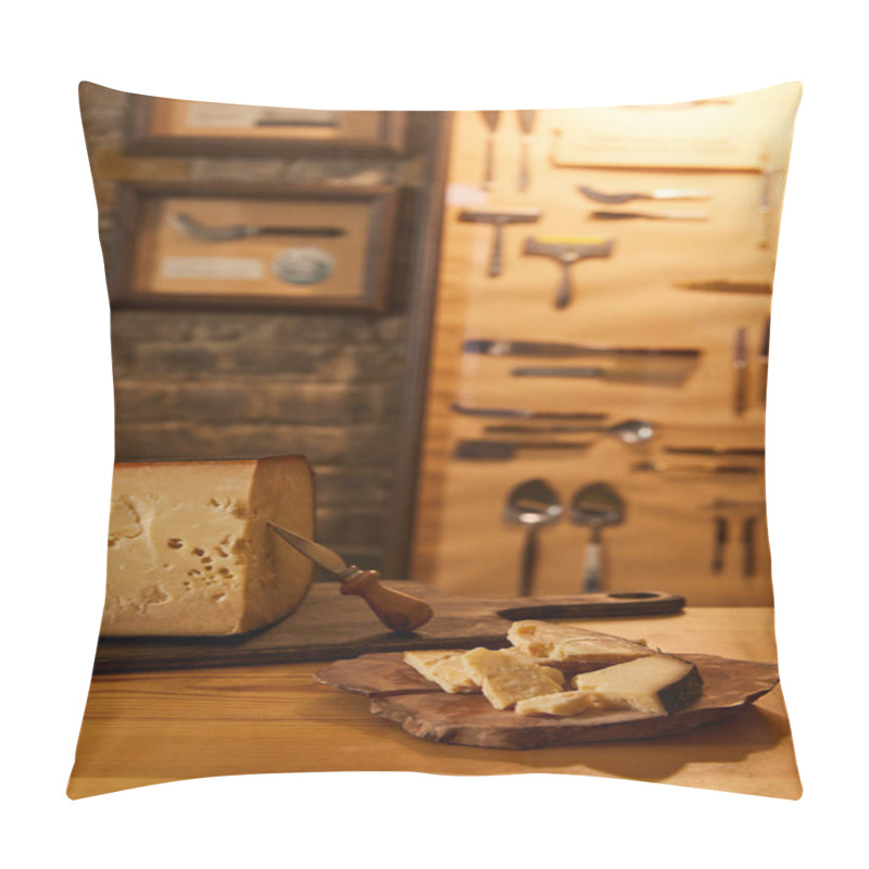 Personality  Close-up Shot Of Sliced Cheese With Knife On Wooden Boards Pillow Covers