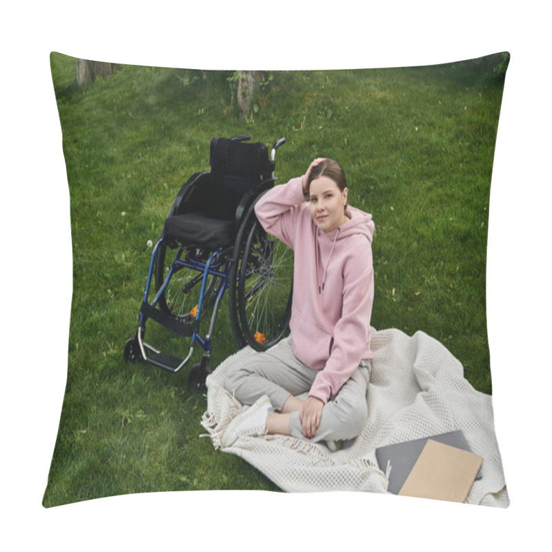 Personality  A Young Woman In A Pink Hoodie Sits In A Wheelchair On A Green Lawn. She Is Smiling And Appears To Be Enjoying The Outdoors. Pillow Covers