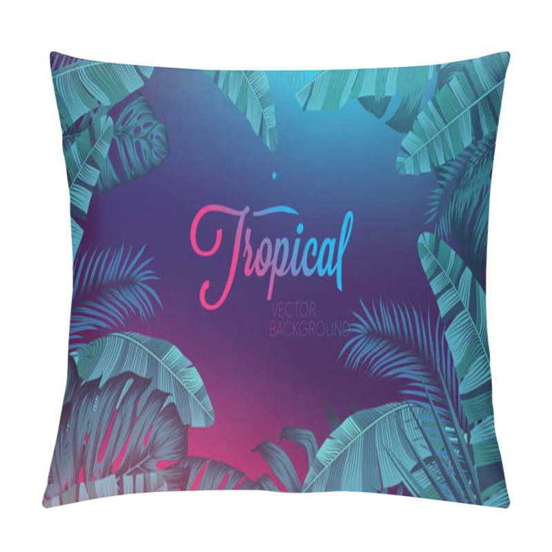 Personality  Red Blue Neon Light, Trendy Background With Tropical Vector Plant And Leaf Pillow Covers