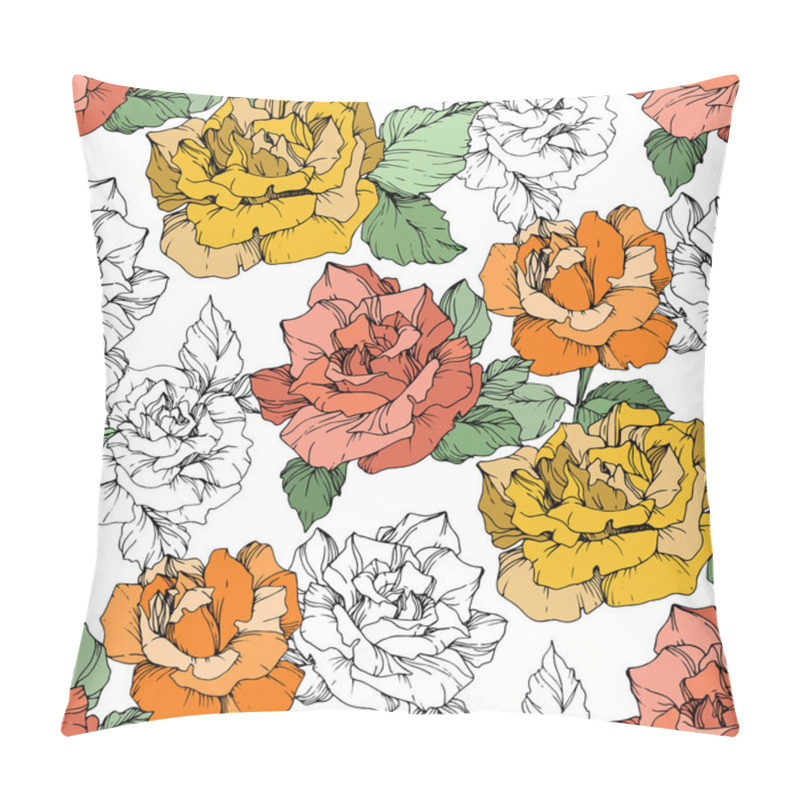 Personality  Orange, Yellow And Coral Roses. Engraved Ink Art. Seamless Background Pattern. Fabric Wallpaper Print Texture On White Background. Pillow Covers