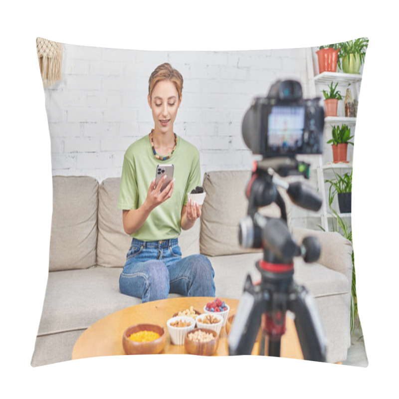 Personality  Woman With Berries And Smartphone Near Set Of Plants-based Ingredients And Blurred Digital Camera Pillow Covers