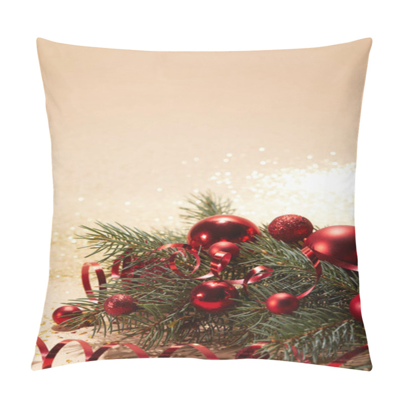 Personality  Red Sparkling Christmas Toys, Wavy Ribbon And Pine Branch On Glittering Surface Pillow Covers