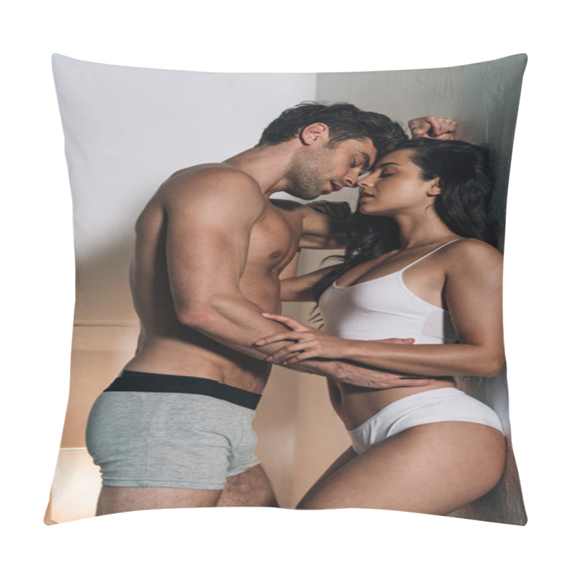 Personality  Sexy Young Couple In Underwear Hugging And Kissing While Standing Near Wall Pillow Covers