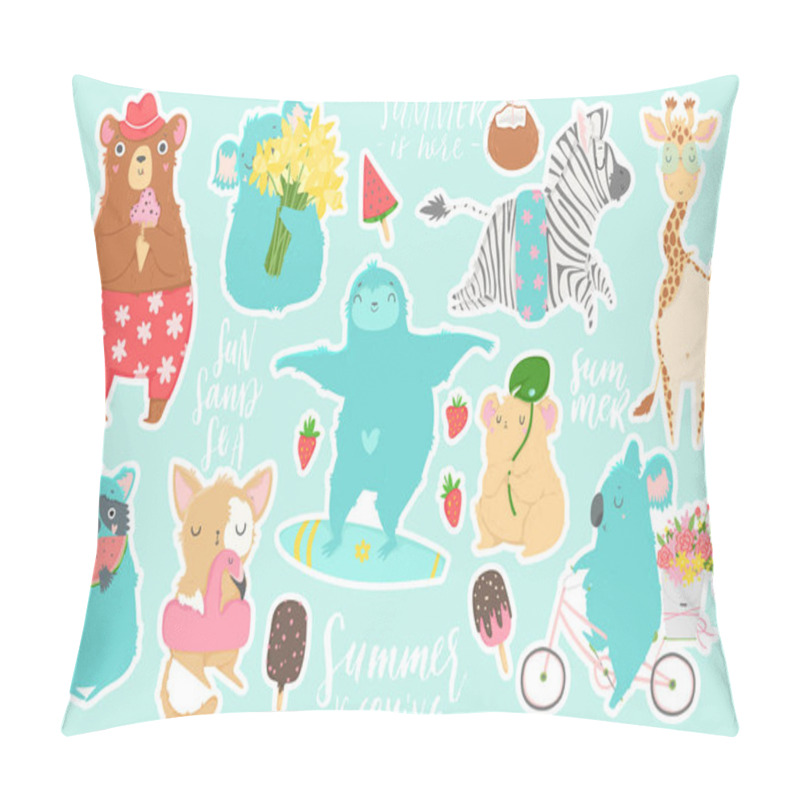 Personality  Cute Animals Characters Isolated Illustrations In Cartoon Hand Drawn Style For Children. Summer Set - Calligraphy, Animals, Ice Cream And Other Elements. Vector Collection.  Pillow Covers