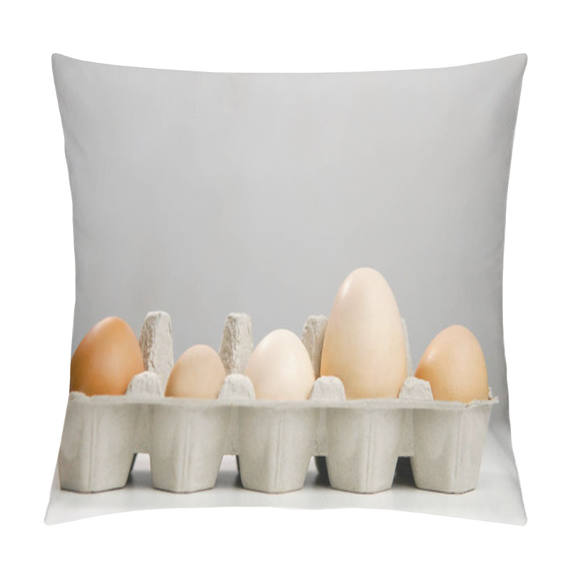 Personality  Close-up View Of Raw Chicken Eggs In Egg Box On Light Background Pillow Covers