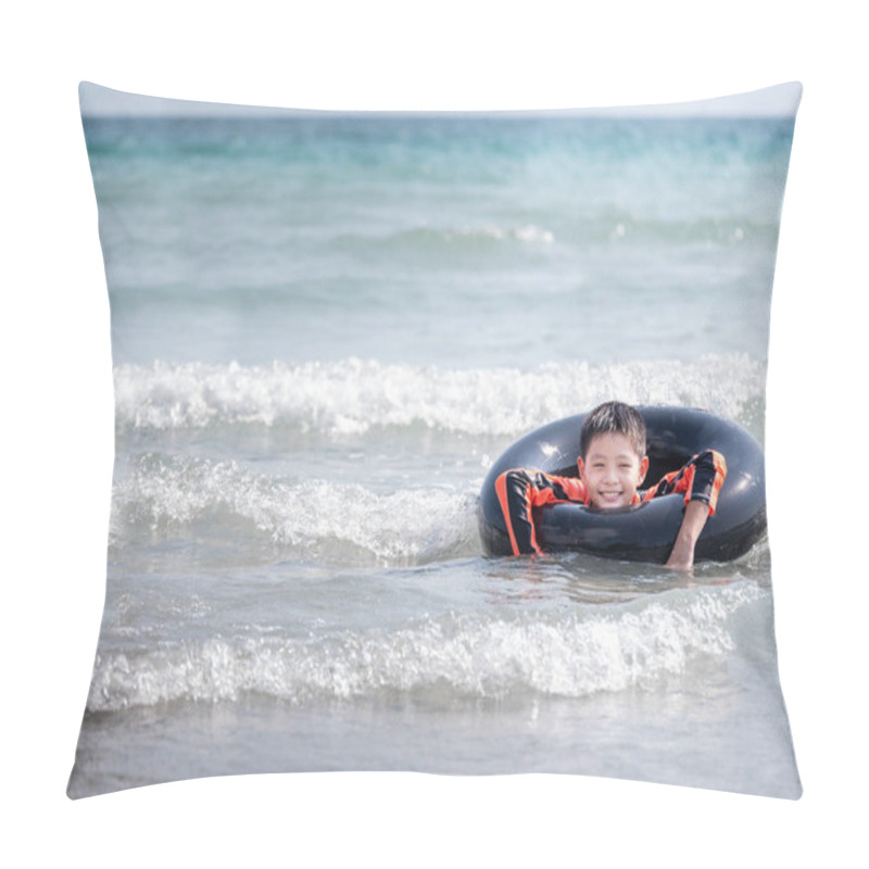 Personality  Little Asian Boy Play Waves On The Beach , With A Lifebuoy Pillow Covers