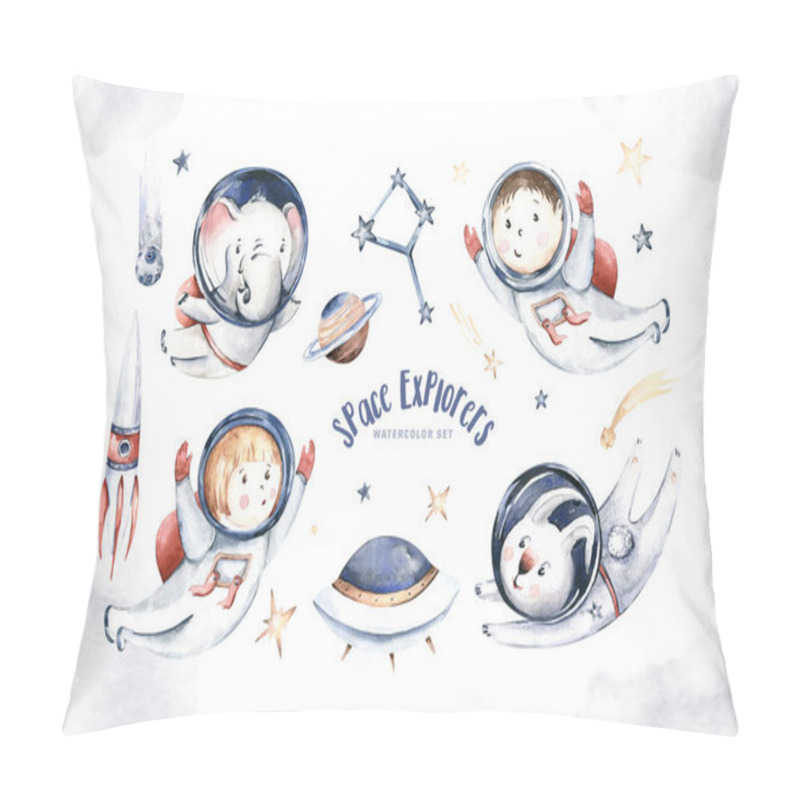 Personality  Astronaut Baby Boy Girl Elephant, Fox Cat And Bunny, Space Suit, Cosmonaut Stars, Planet, Moon, Rocket And Shuttle Isolated Watercolor Space Ship Illustration On White Background, Spaceman Cartoon Kid Astronout. Universe Illustration Nursery. Pillow Covers