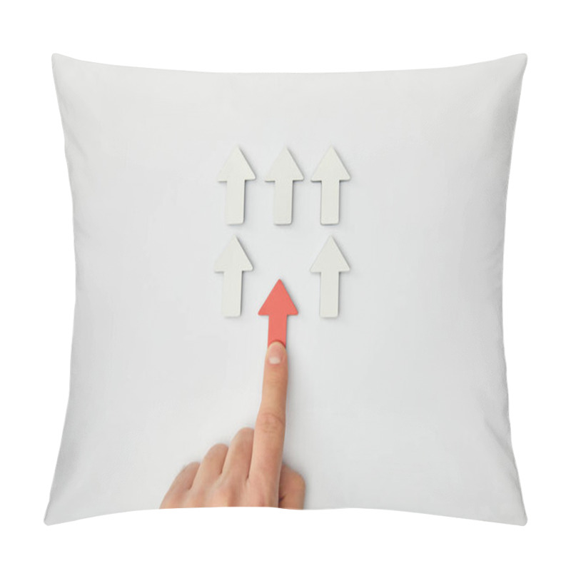 Personality  Cropped View Of Man Putting Red Arrow To Row With White Pointers On Grey Background Pillow Covers