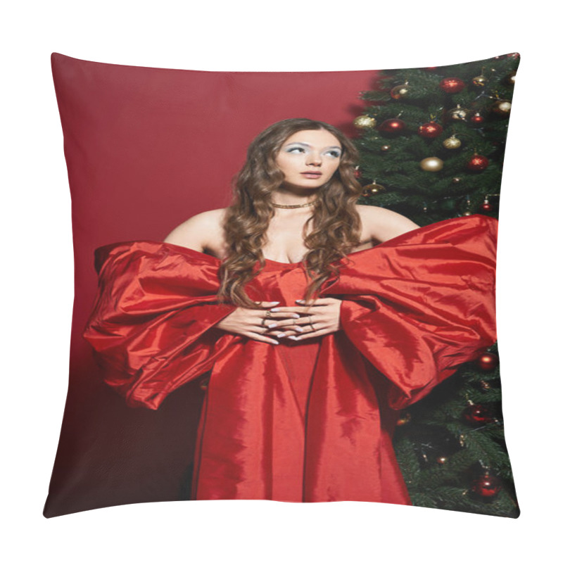 Personality  This Beautiful Young Woman Poses Elegantly In A Vibrant Red Gown Beside A Decorated Christmas Tree. Pillow Covers